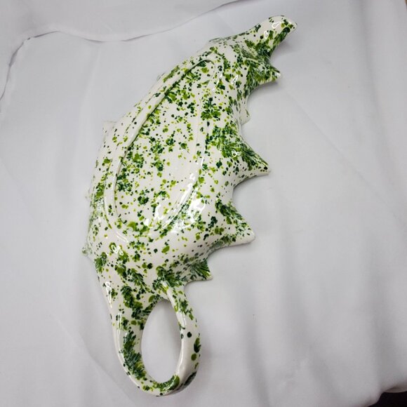 VTG Ceramic Holly Leaf-Shaped serving Tray Green White Splatter 1970's MCM - Picture 10 of 12